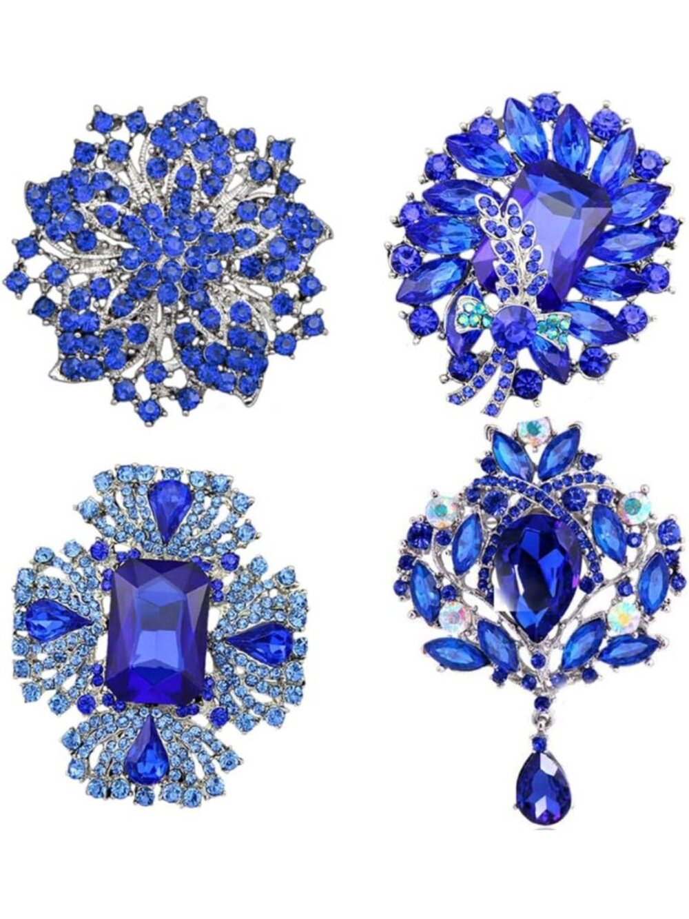 Elegant 4pcs Big Blue Crystal Brooch Set for Wedding Bouquets & Accessories